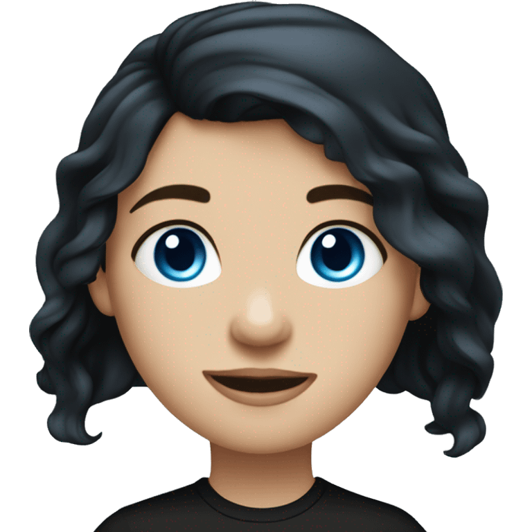 girl, long black wavy hair, blue eyes, fair skin in a black T-shirt emoji