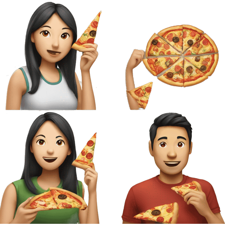 Four Asian women eating pizza, one Asian man emoji