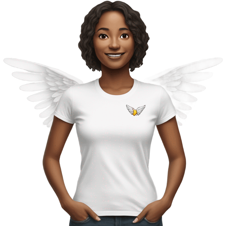 womans white t shirt with small drawing of wings on the front emoji