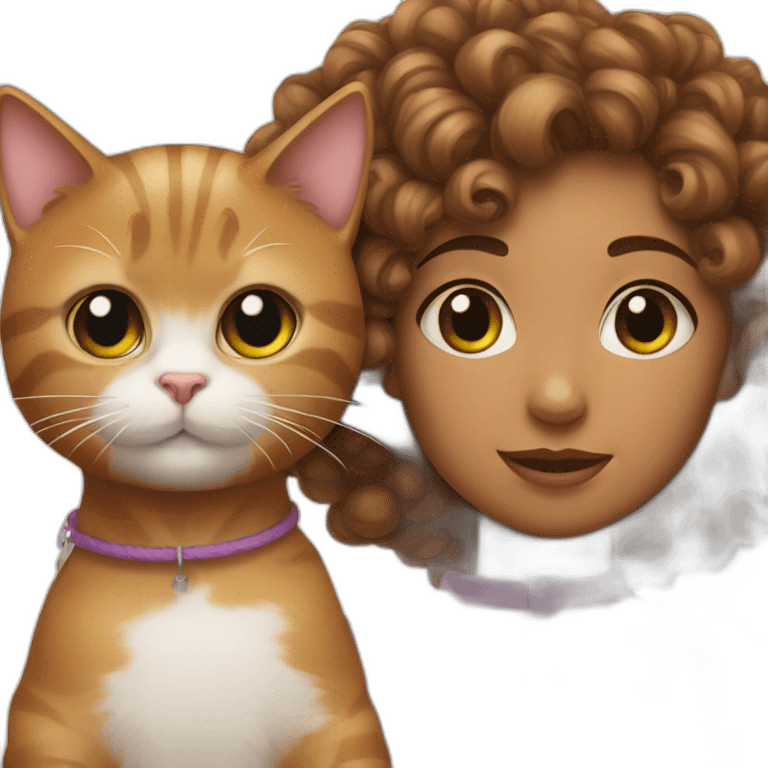 a girl with curly hair tied up and a tiny cat besides her emoji