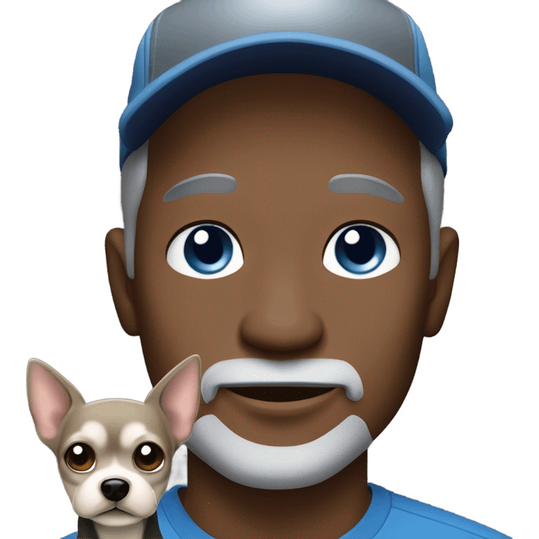 blue eyed man, with grey hair and grey goatee, wearing ball cap, holding long hair black chihuahua emoji