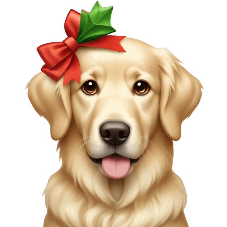 Cream colored golden retriever with a big Christmas bow on its head emoji