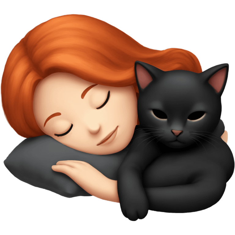 Red hair girl sleeping with black kitty emoji