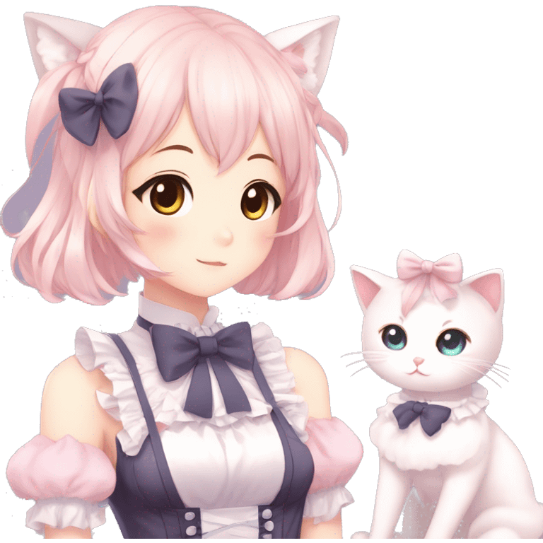 Gorgeous anime style catgirl with blushing face with maid outfit bow tie idol model kawaiicore pearly petite simplistic aesthetic trending style emoji