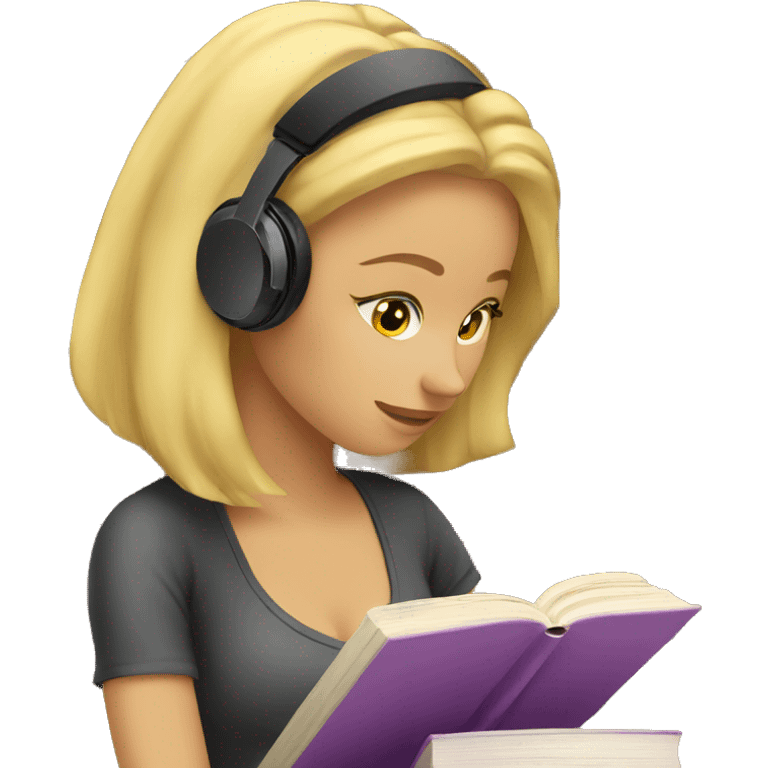 Blonde woman with headphones Studying in library looking at book  emoji