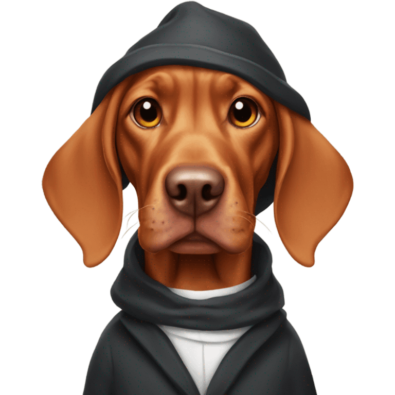 Vizsla wearing a penguin suit emoji