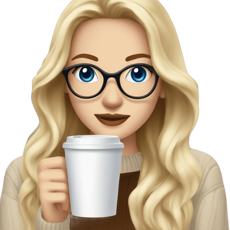 Blonde balayage long hair white women beige sweater blue eyes and small glasses holding coffee emoji