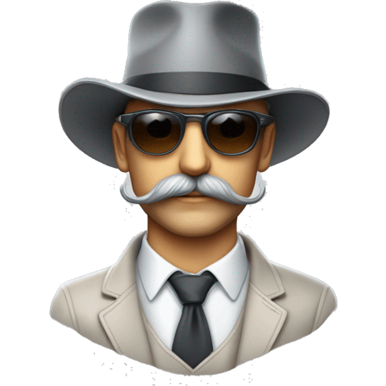 Homme en costard de couleur depau assez claire et un chapeau noie avec des lunette de soleil chic est une moustache gris emoji