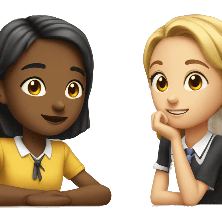 Two schoolgirl at the table are talkng emoji