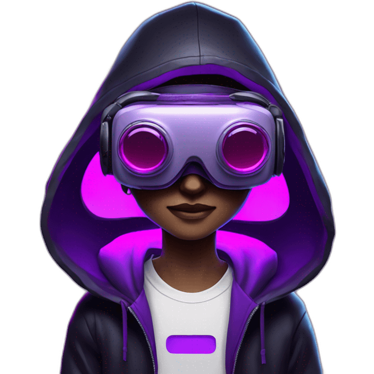 Cyberpunk style. Violet neon. Man with light skin in the black hoody with violet OMG VR logo on it wearing vr headset oculus quest 2 emoji