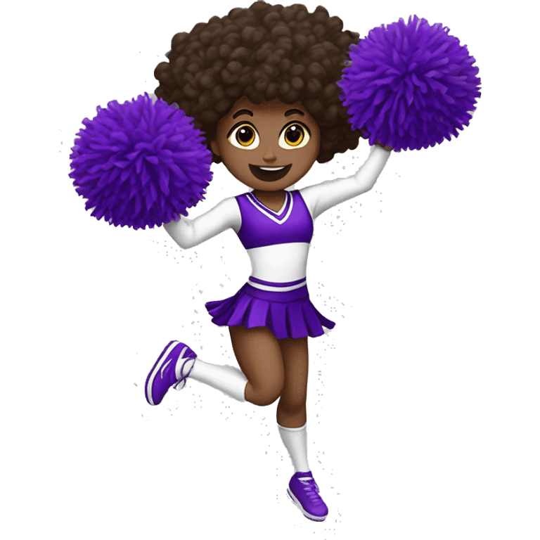 Caucasian cheerleader with dark brown curly hair, jumping and holding up two purple Pom poms, small full body emoji emoji