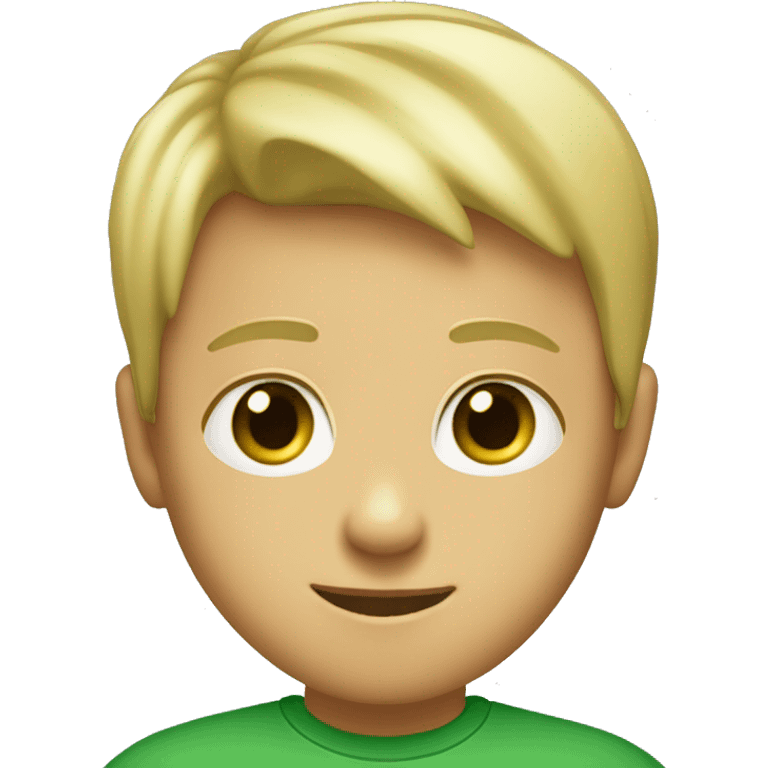 An 11 years old child that is blonde, he has green eyes, he is suntanned, he has a small nose and wears a green t-shirt  emoji