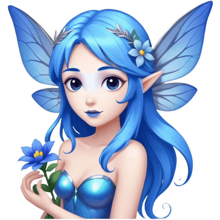 Beautiful, blue flower, fairy, blue, silver, purple, long hair, big wings, blue hair  emoji