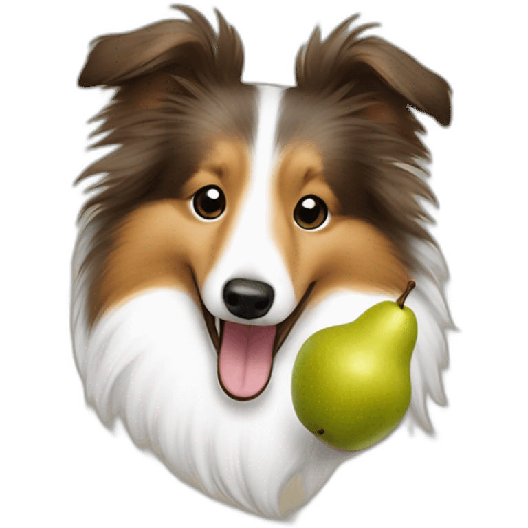 Sheltie dancing with a pear in his mouth emoji