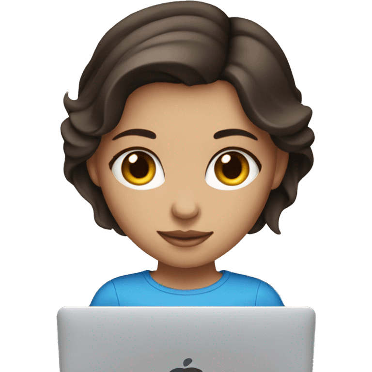 A brunette girl, blue eyes, works on a MacBook emoji