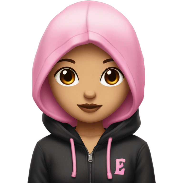 woman with tan skin, dark brown eyes, short neck length wolfcut, brown hair with pink only in the front, black hoodie with black hood on, emo, alt, e-girl emoji