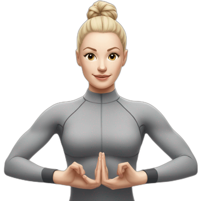 Pale skinned fit woman In a gray tight yoga suit and wristbands With ash blonde hair in a bun doing yoga emoji