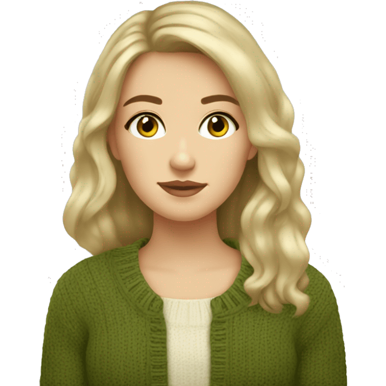 Pretty brown eyed white girl with olive green sweater reading cozy emoji