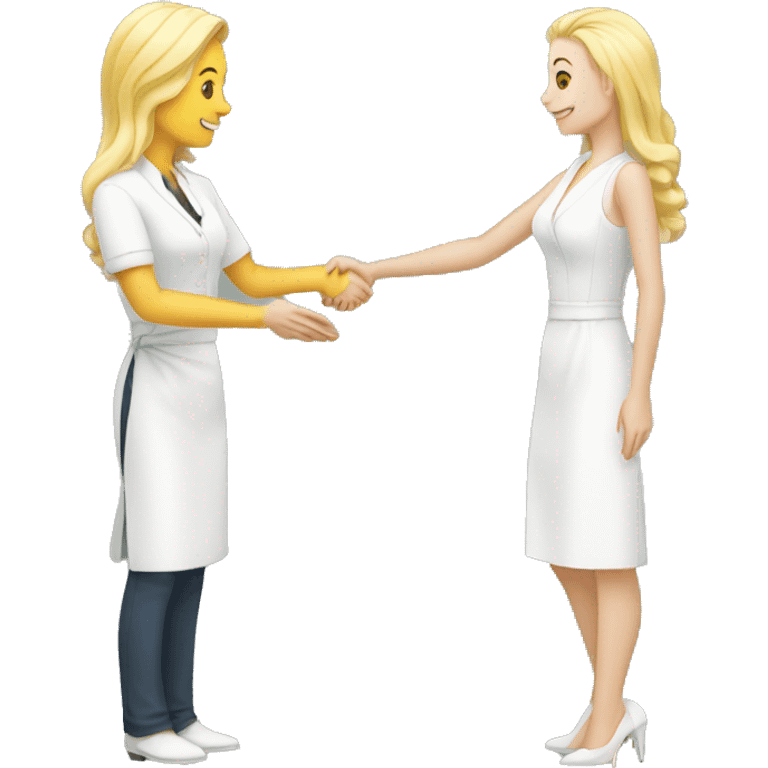 adult restaurant owner with white skin and blogger with white skin and blonde hair shaking hands in full height emoji