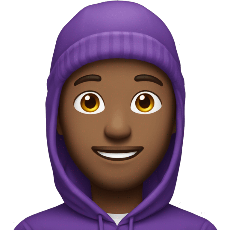 Man with brown hair with purple hoodie and purple beanie smiling from side emoji