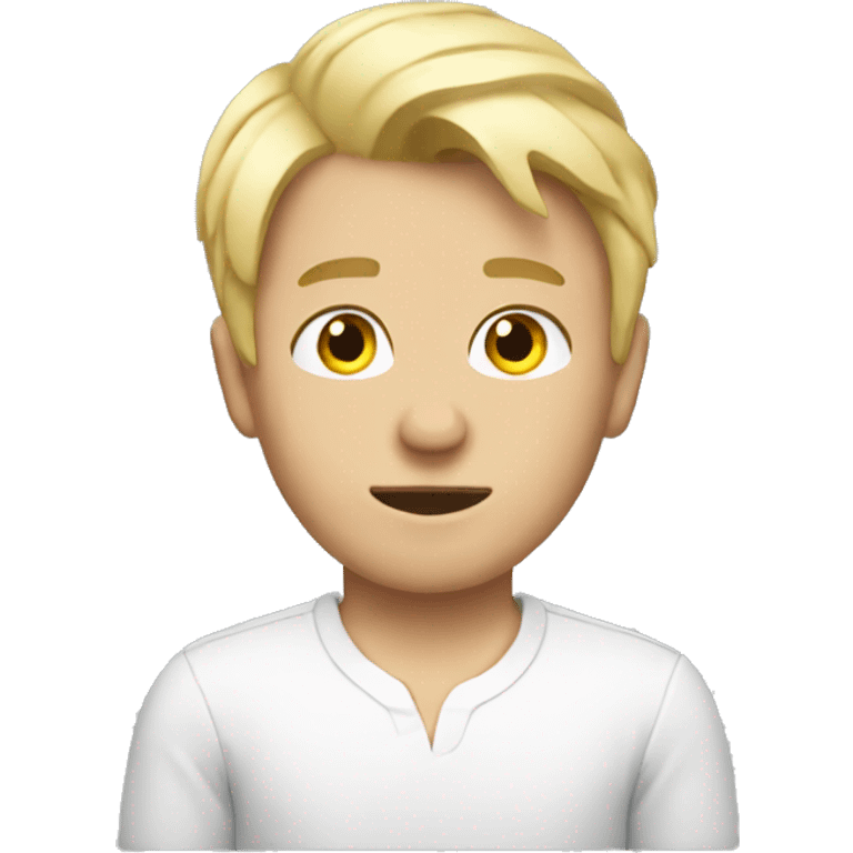 A boy with combed blonde hair with a shirt that says gets no hoes emoji