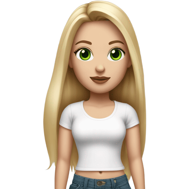 Realistic White girl with Long straight blonde hair, green eyes, tattoos, full body wearing white crop top and jeans, holding pink handbag emoji