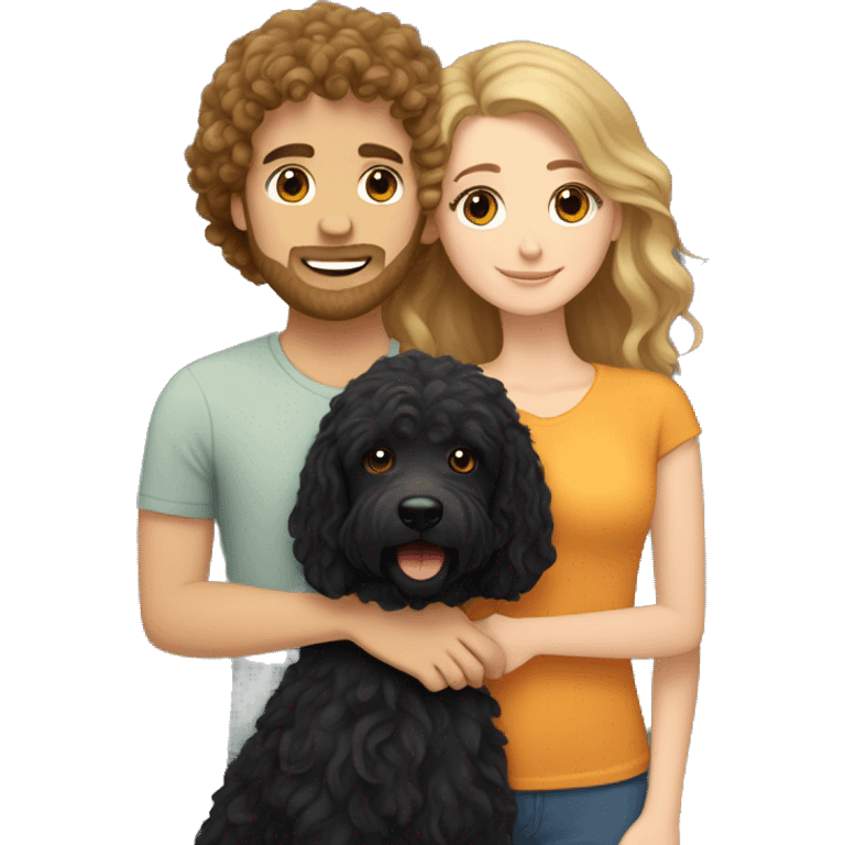 a white girl with long brown hair, hugging a black coated labradoodle. adding a white man with curly blonde hair. emoji