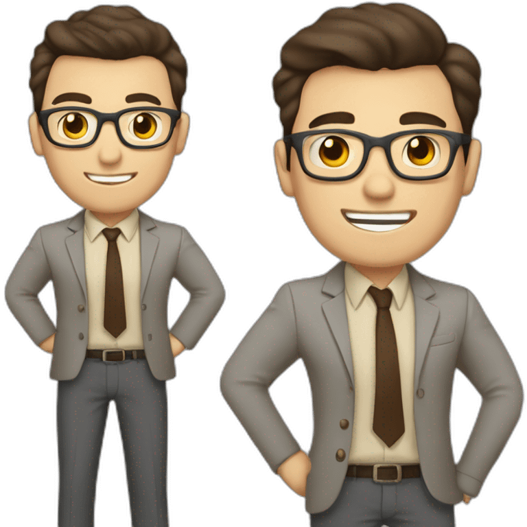 To belt Actively gesturing with hands Pale skinned fit man with dark brown hair in gray jacket, beige office shirt, brown tie, brown pants and vintage glasses. emoji