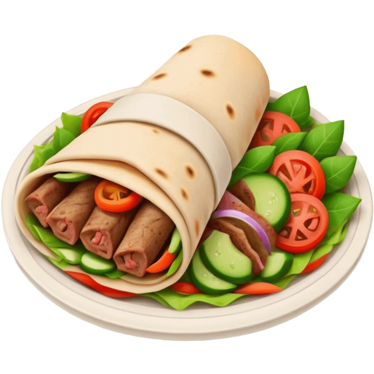 Cinematic Realistic Gyros Dish Emoji, showcasing succulent, spiced meat wrapped in pita with fresh vegetables rendered with lifelike detail and dynamic, appetizing lighting. emoji