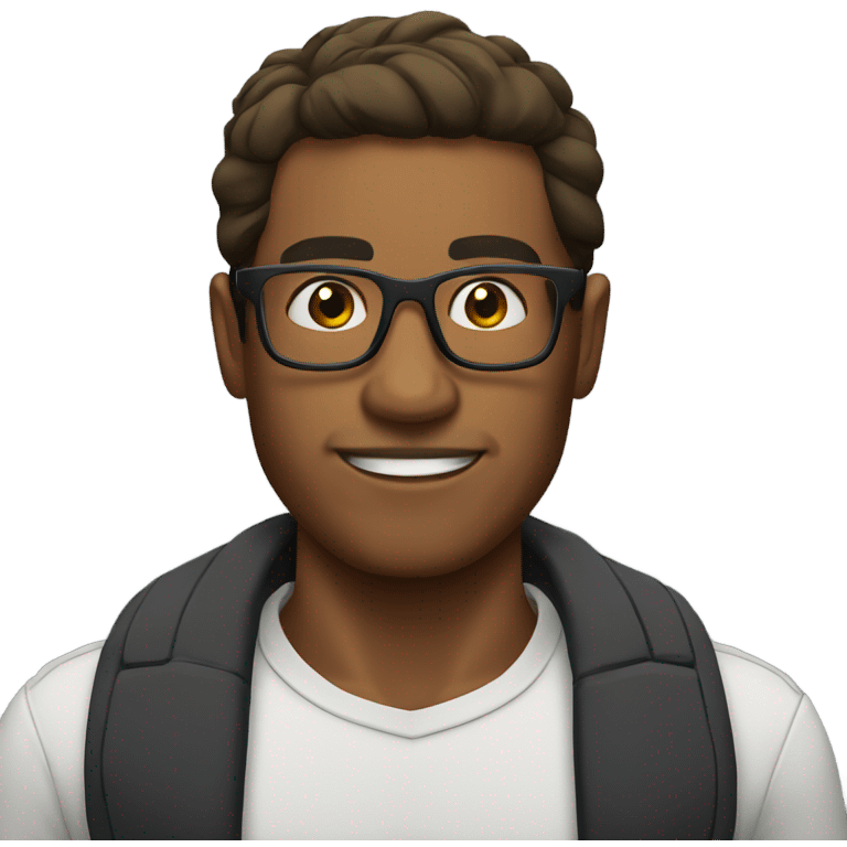 Brown man wearing glasses with muscles emoji