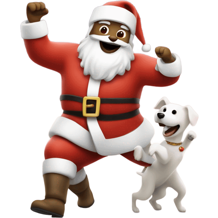 Santa dancing with a white dog at the North pole emoji