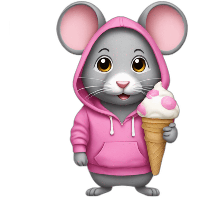 grey mouse wearing a pink hoodie with white ice cream emoji