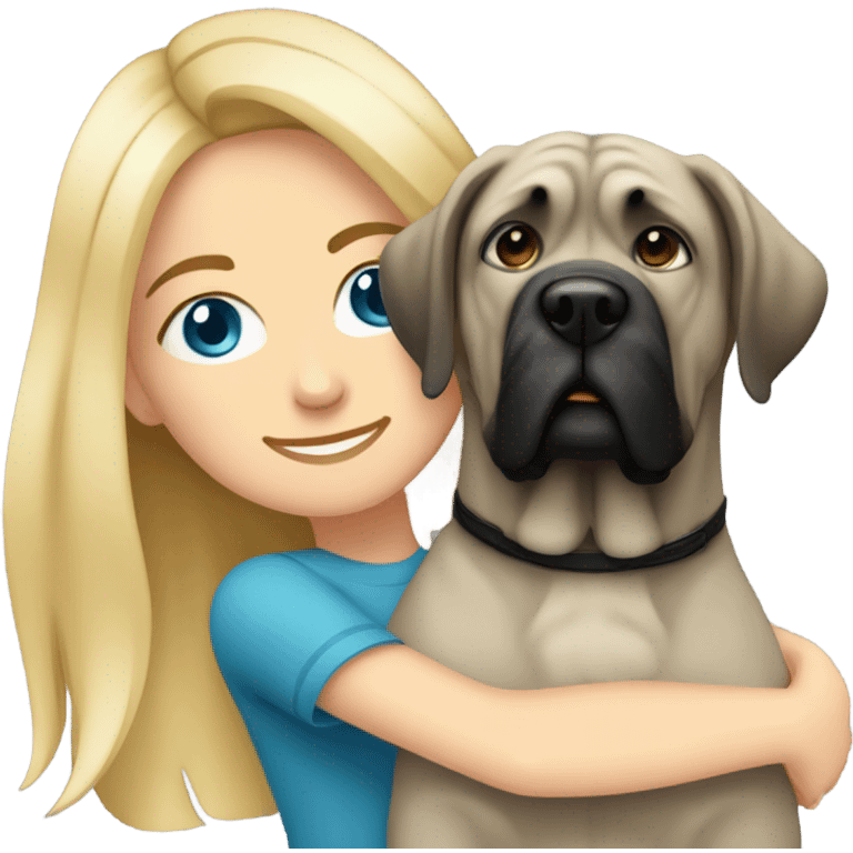 Blonde girl with blue eyes hugging a brindle color english mastiff dog emoji