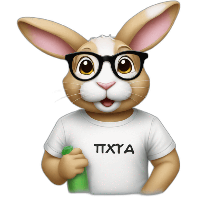 a rabbit with glasses and a T-shirt with the inscription Тишотка emoji