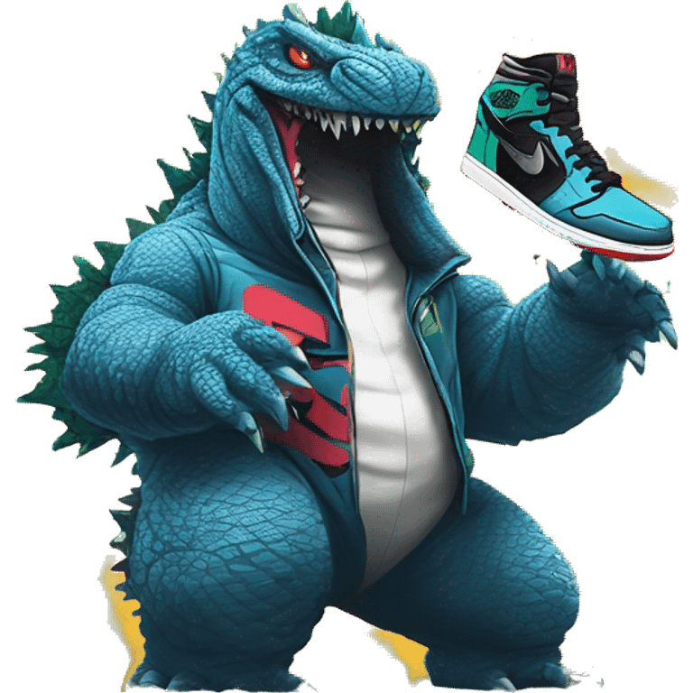 Godzilla in graffiti  style, holding Nike Air Jordan 1 sneakers in her hands emoji