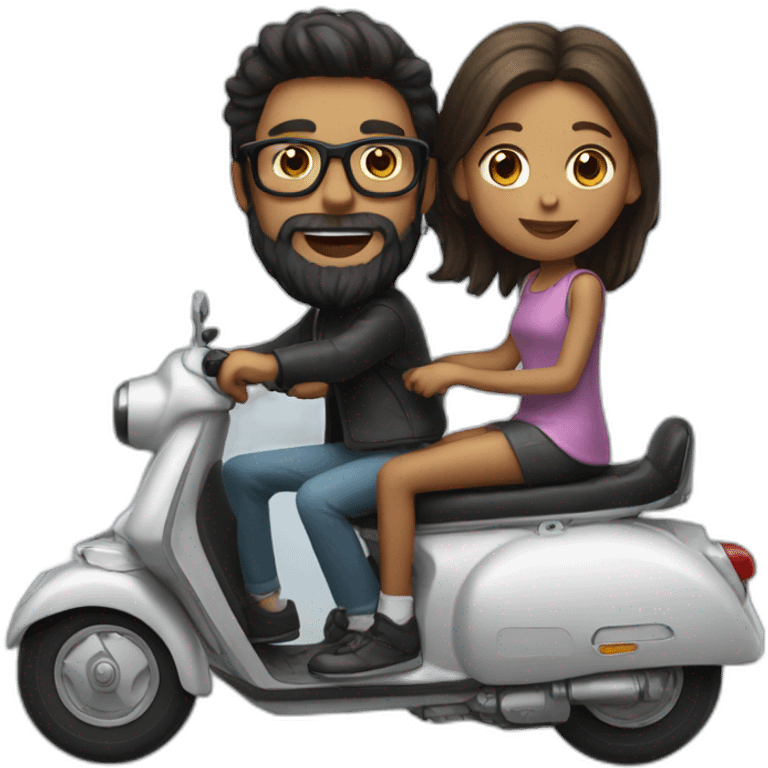 Boy with long hair, beard, and glasses, riding a black scooter with a girl on the back emoji