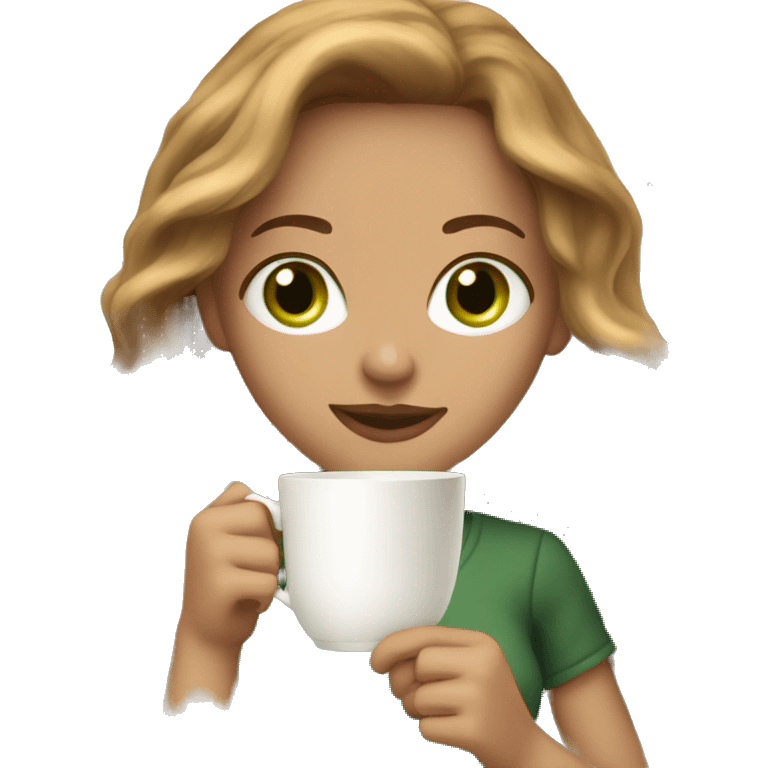 woman with long light brown wavy hair, green eyes, holding a tea cup and a book emoji