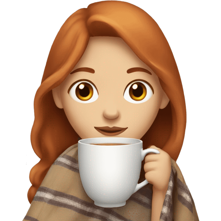 girl with reddish hair with brown eyes with blanket around shoulders sipping tea emoji