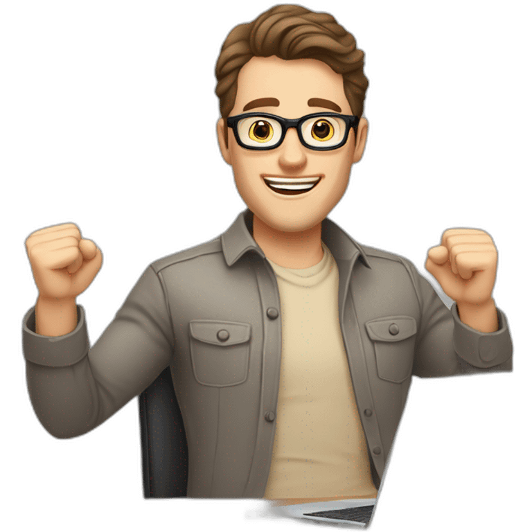 Joyful Celebrating victory Hands up Pale skinned Fit Man With dark brown hair in gray jacket, beige office shirt, Brown pants and vintage glasses sitting In a soft chair emoji