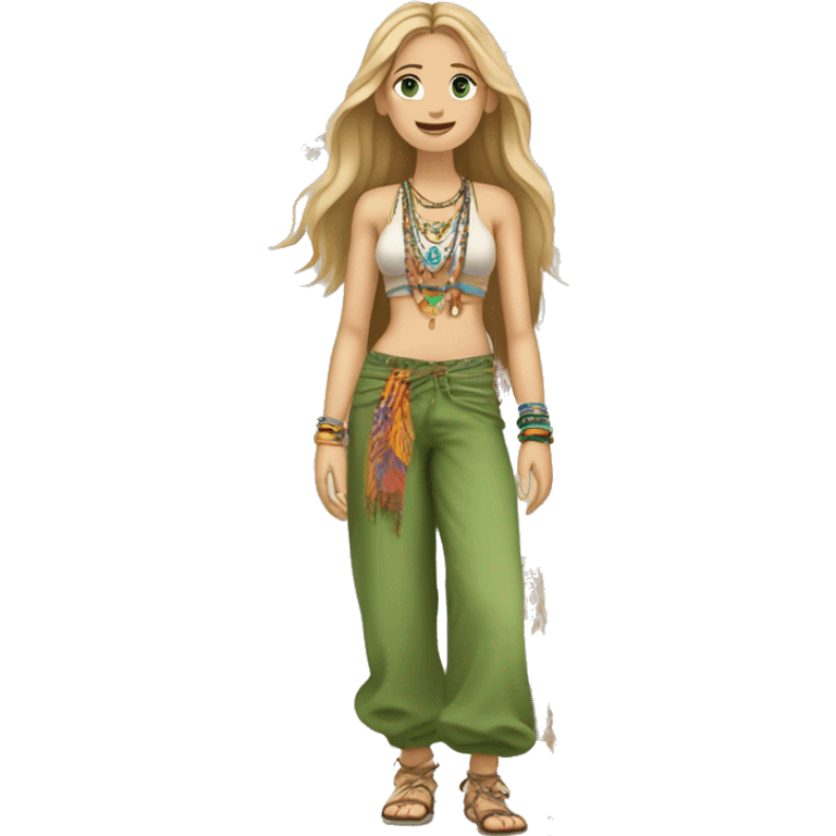 Caucasian hippie girl with straight dirty blonde hair, green eyes, baggy colorful pants and a tank top, LOTS OF bohemian bracelets and jewelry emoji