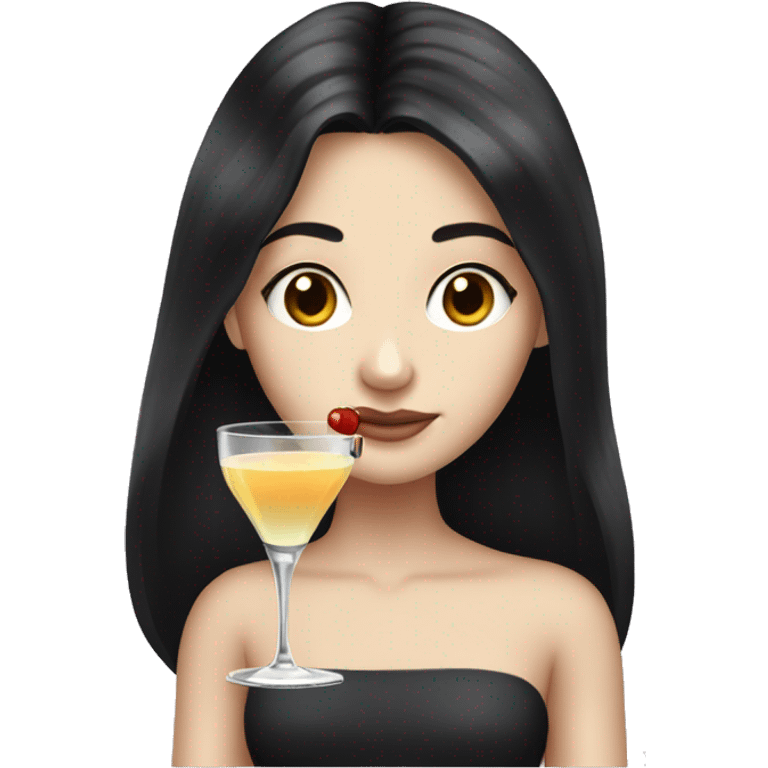 Pale girl with long black hair with chest holding cocktail emoji