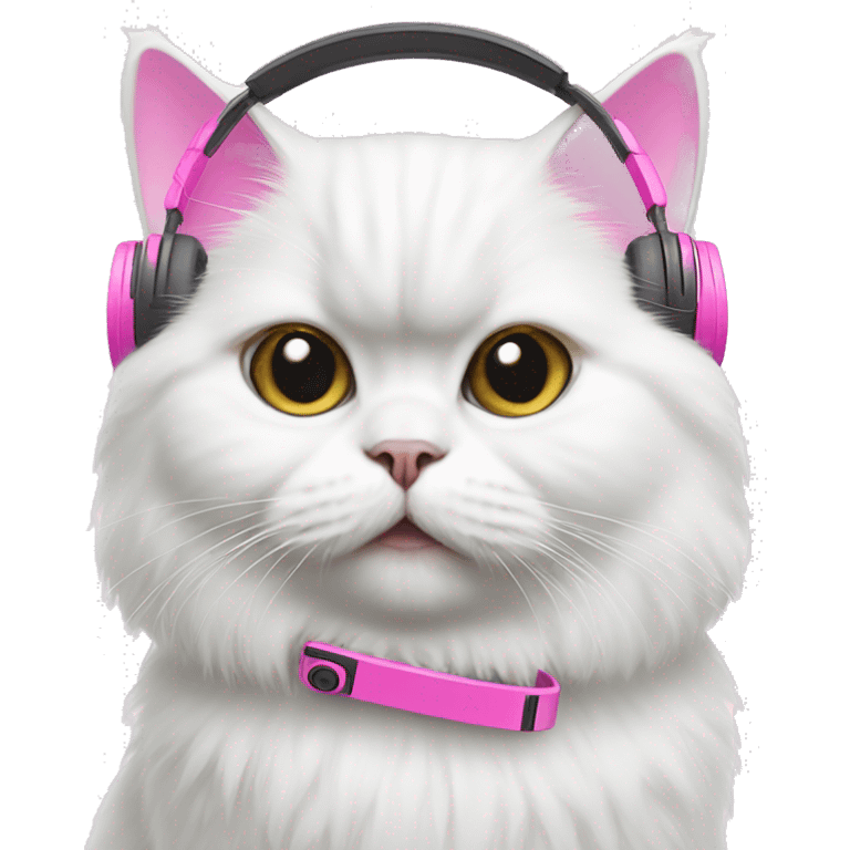 White Persian cat with pink headphones  emoji