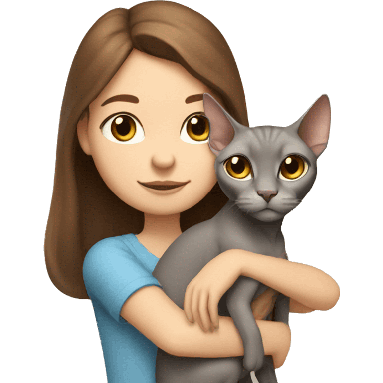 A girl with brown hair hugs a sphinx cat of light gray color with a white nose emoji