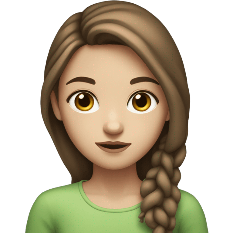 The girl has blue and green mixed eyes, brown hair, has blues on the front of her hair and white skin emoji