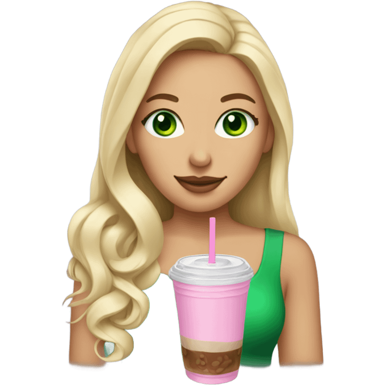 woman with green eyes, long curled blonde hair with a pink bow holding an iced coffee emoji