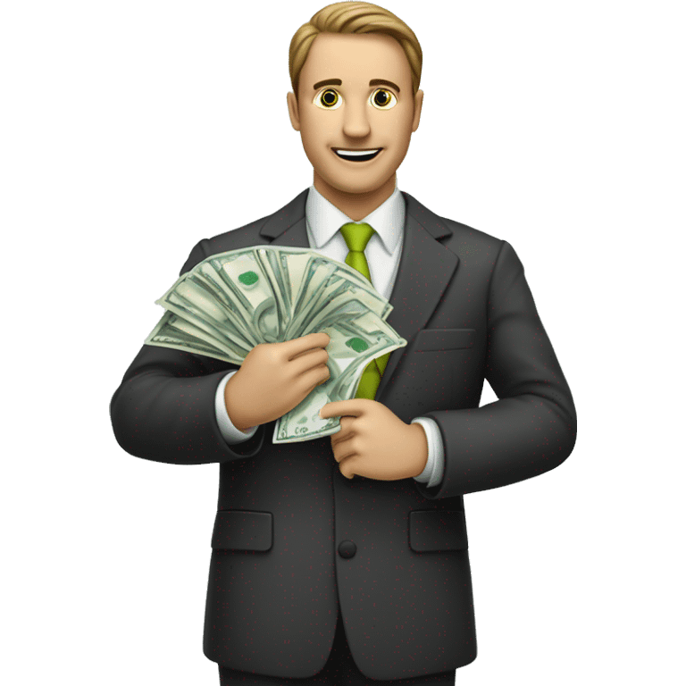 
a stock market trader with tie holding banknotes in his hand emoji