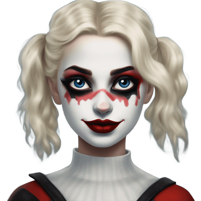 Dalahäst in Harley Quinn style, oil paint, mysterious eyes, intricate lips, masterpiece portrait, odd perspective, beautiful, desirable, logical emoji