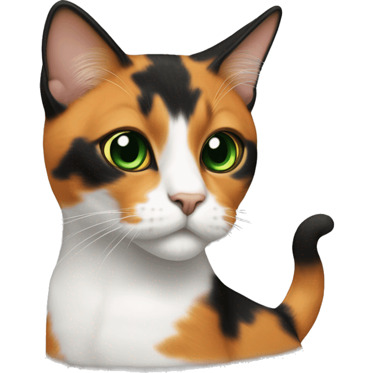 calico cat with green eyes.  a distinct black pattern around her eyes, The orange fur on her face extends from her forehead down to her mouth, creating a. Her chest and front legs are mostly white, emoji