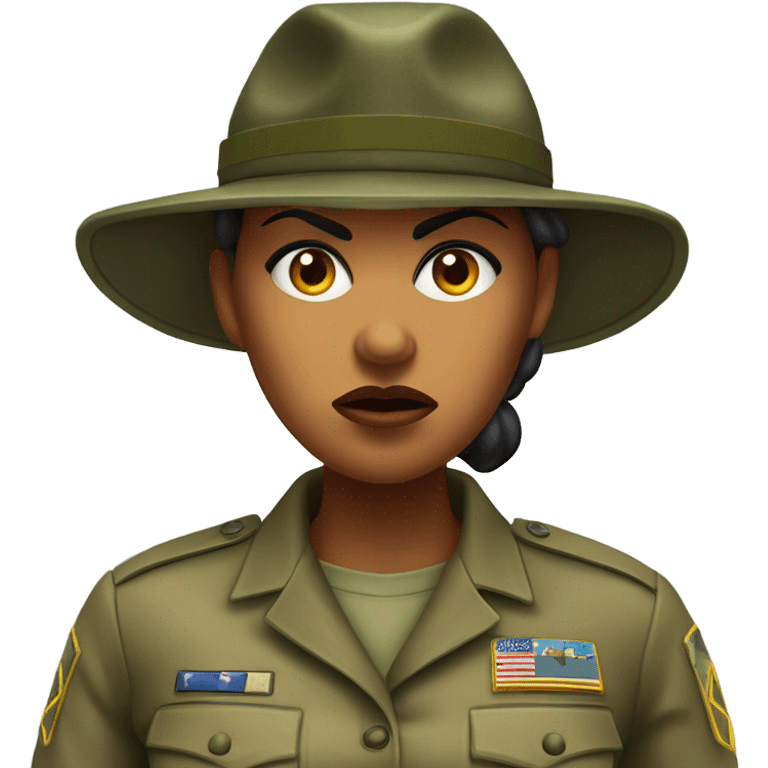 a female drill sergeant character wearing a classic sergeant hat and a camouflage army shirt. The character should have an angry intense expression. full torso emoji