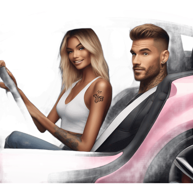 Photo of Victoria secret model driving in a sports car with a tattooed male model  emoji